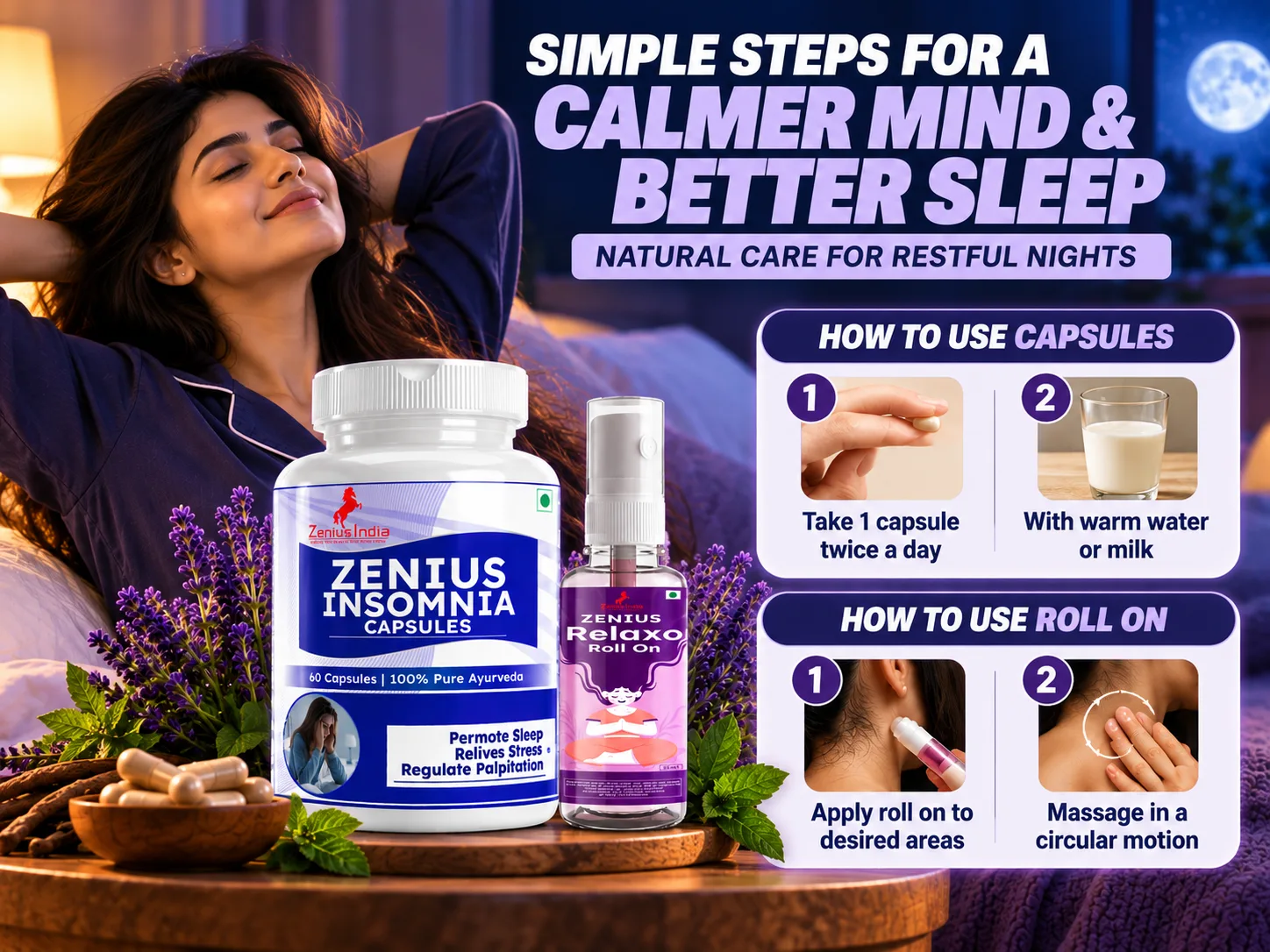 Zenius Relaxo Kit | Herbal Sleep Support Capsules & Headache Roll-On 5 Calmer Nights Sleep Wellness Guide Zenius India
