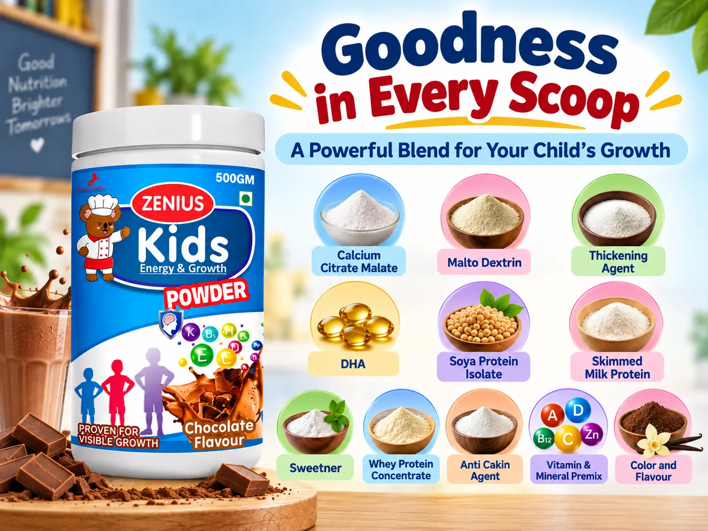 Zenius Kids Growth Powder for Kids Nutrition, Growth & Immunity 4 Ingredeints Banner Mobile View Zenius India