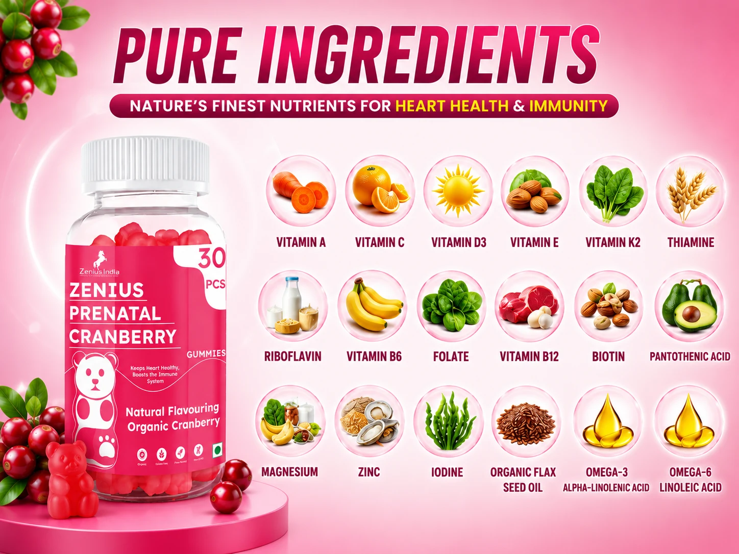 Zenius Prenatal Cranberry Gummies with Vitamins & Minerals for Immunity 4 Ingredients Banner Desktop View 1 Zenius India