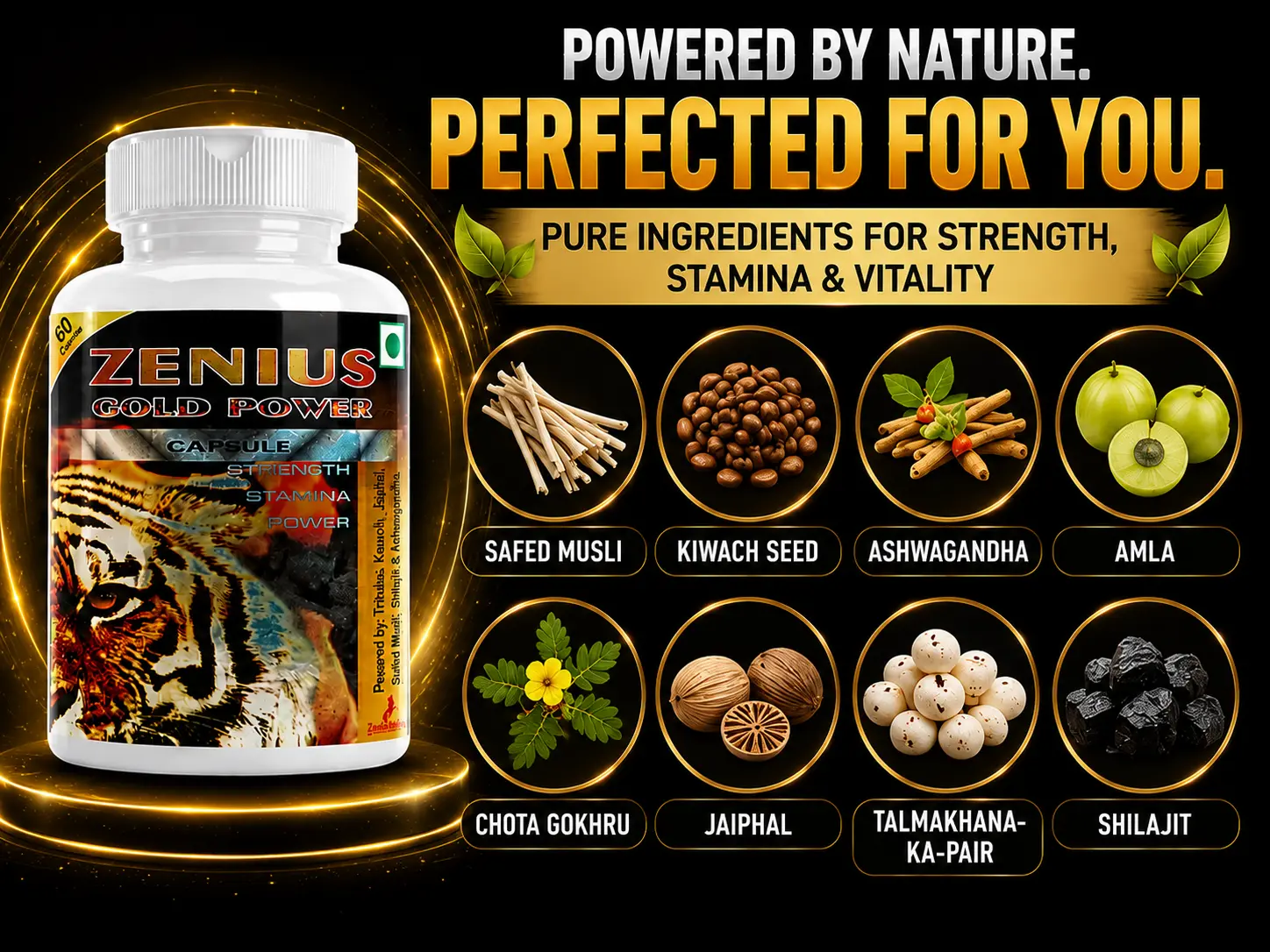 Zenius Gold Power Capsule for Men’s Stamina & Energy 4 Ingredients Banner Mobile Veiw Zenius India