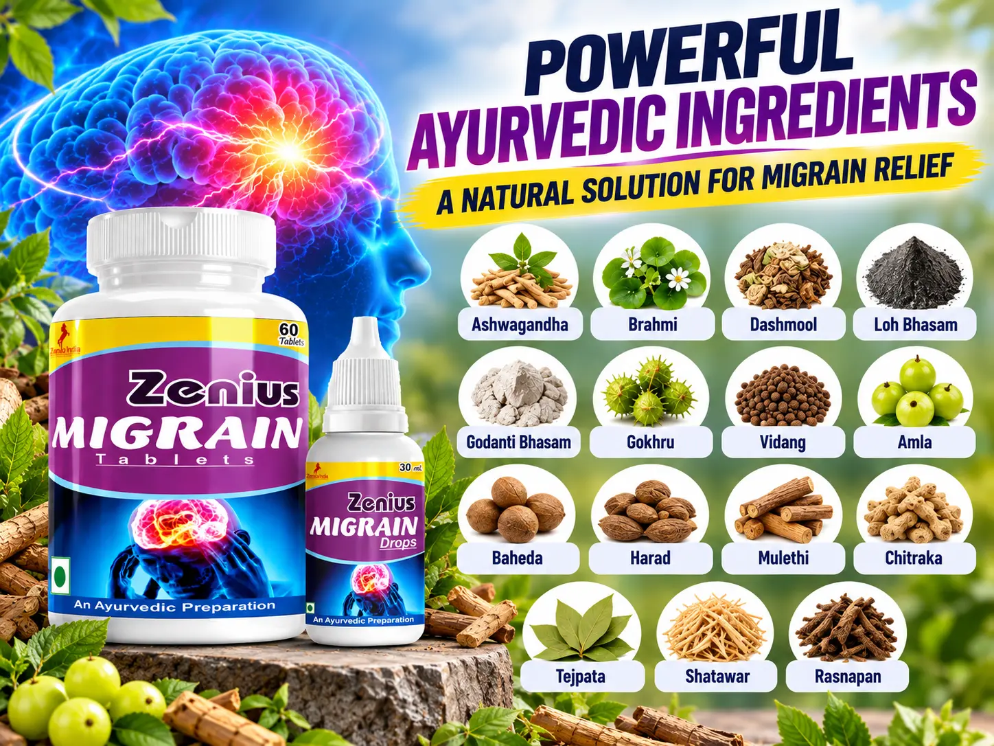 Zenius Migrain Kit | Ayurvedic Migraine Medicine for Headache Relief 4 Ingredients Banner Mobile View 1 5 Zenius India