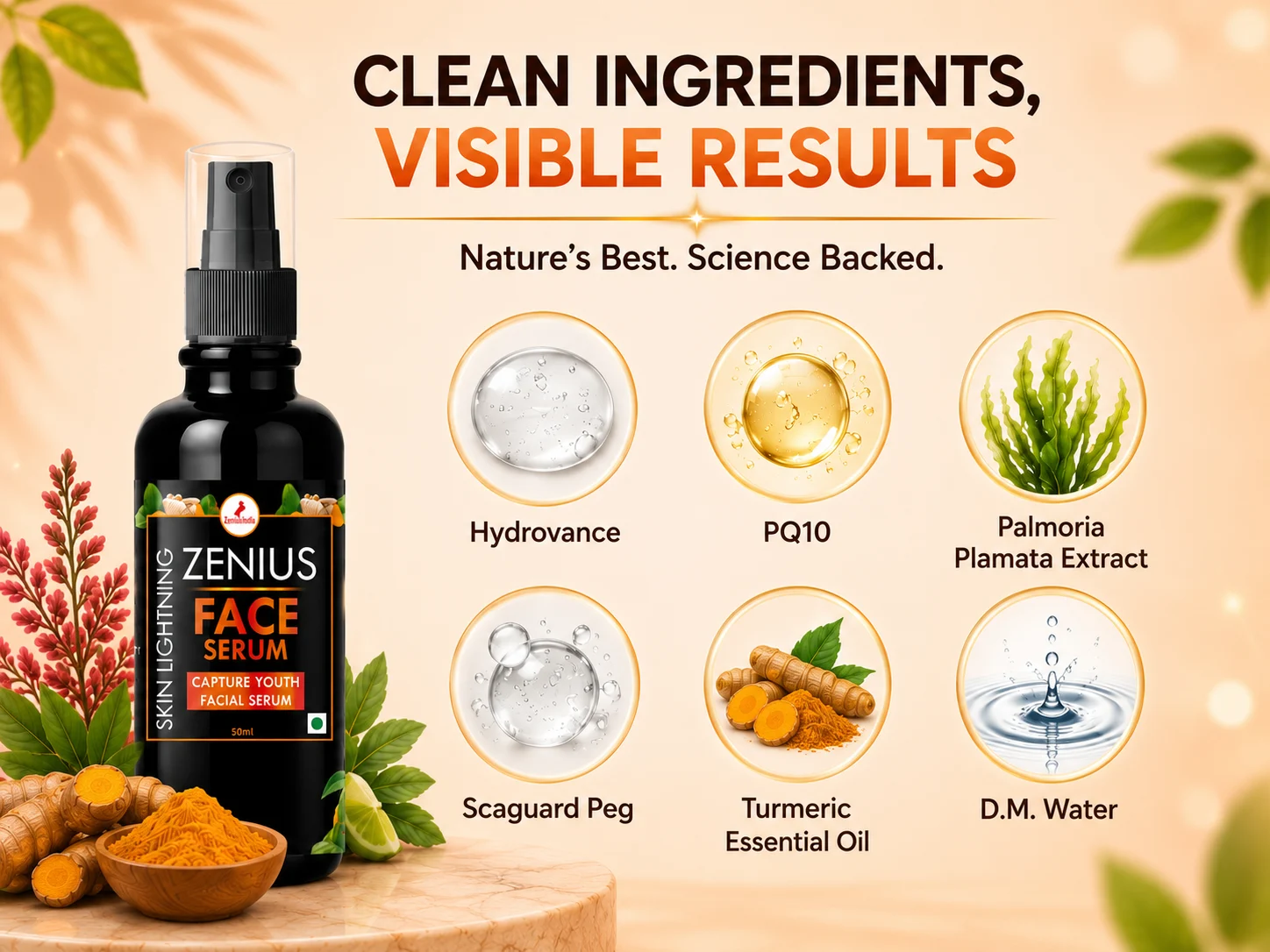 Zenius Skin Lightening Face Serum for Glowing & Hydrated Skin 4 Ingredients Banner Mobile View 105 Zenius India