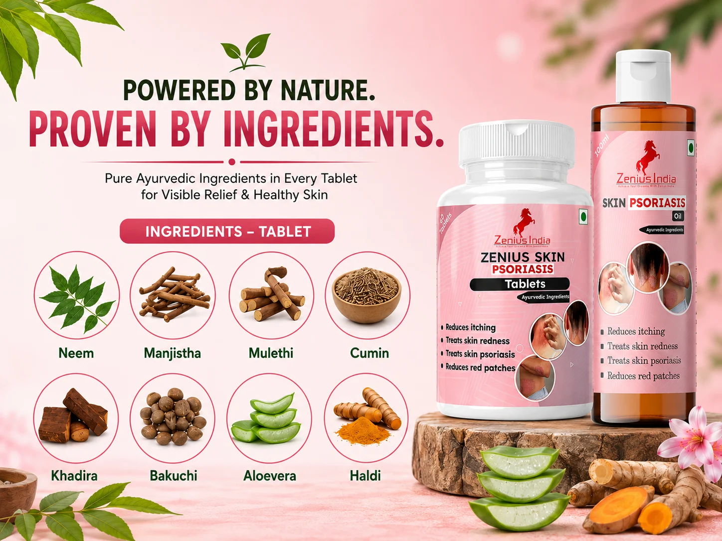 Zenius Skin Psoriasis Kit with Tablets & Psoriasis Oil for Skin Allergy 4 Ingredients Banner Mobile View 12 Zenius India