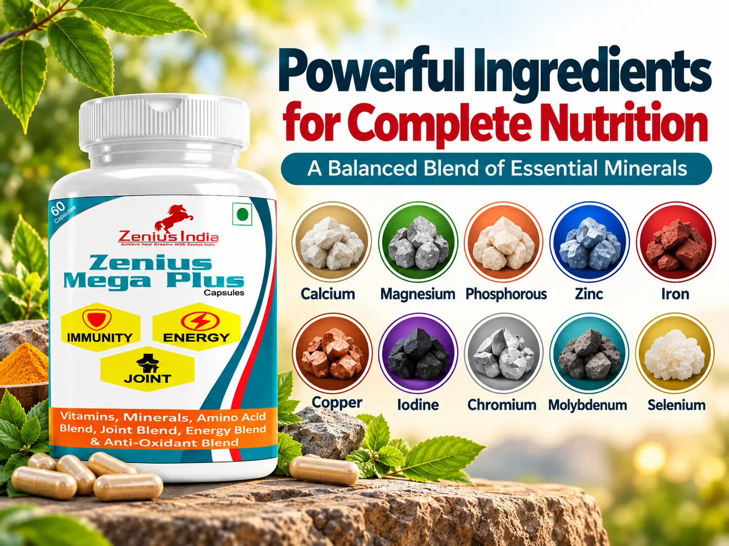 Zenius Mega Plus Capsule for Immunity, Energy & Joint Health 4 Ingredients Banner Mobile View 126 Zenius India
