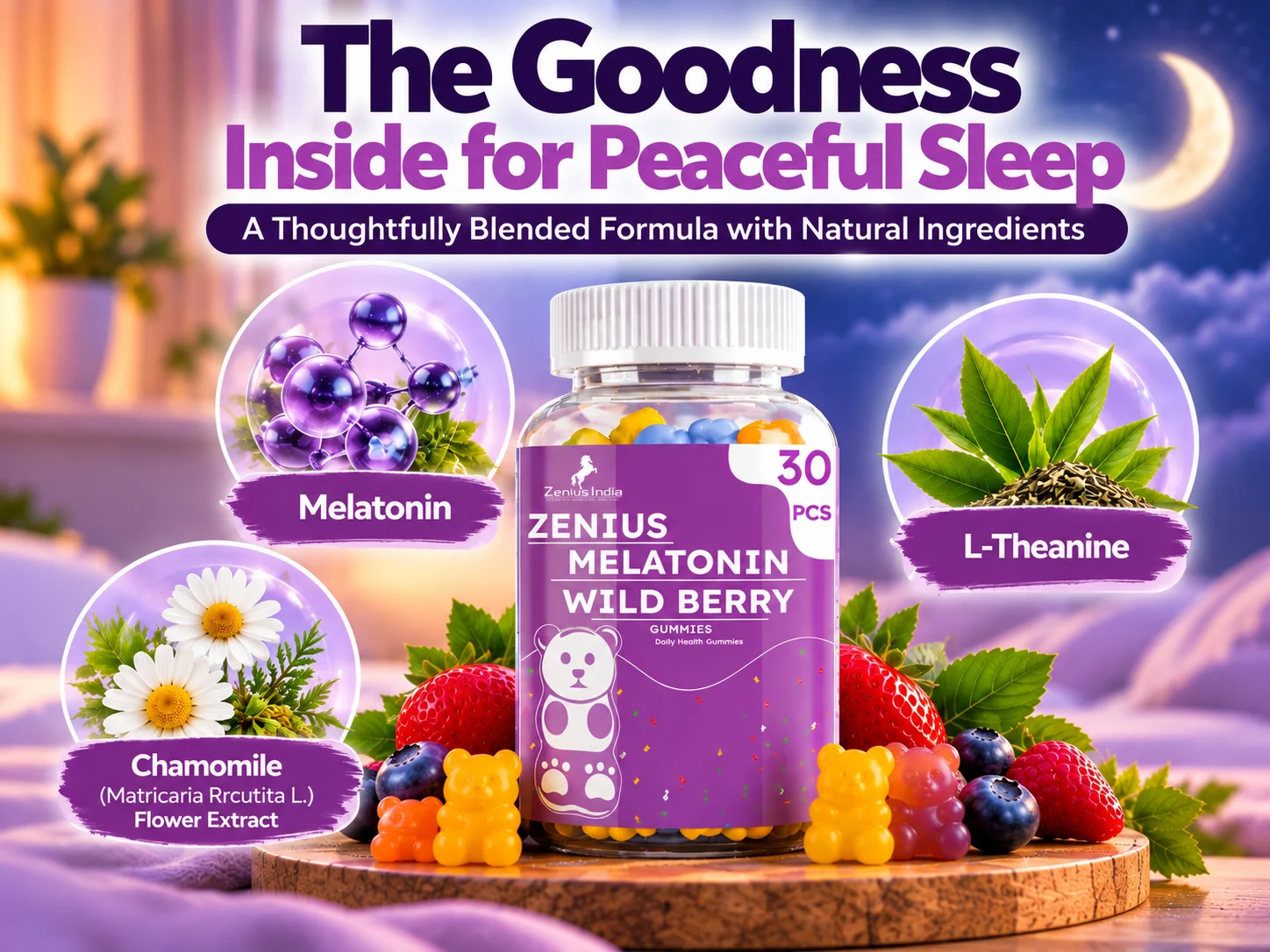 Zenius Melatonin Wild Berry Sleep Gummies for Quality Sleep 4 Ingredients Banner Mobile View 127 Zenius India
