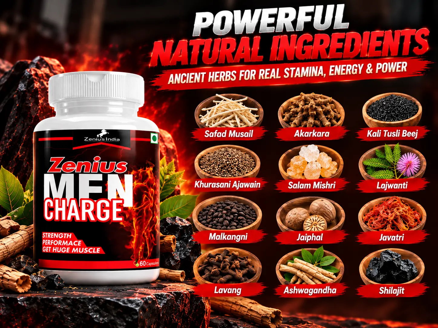 Zenius Men Charge Capsule for Male Vitality, Stamina & Energy 4 Ingredients Banner Mobile View 128 Zenius India