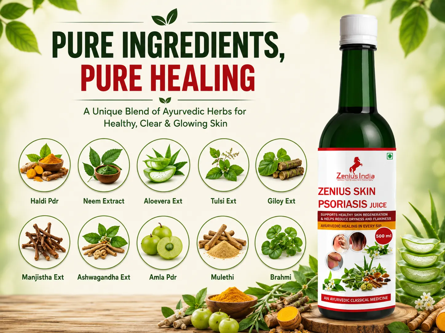 Zenius Skin Psoriasis Juice for Skin Rashes & Allergies 4 Ingredients Banner Mobile View 13 Zenius India