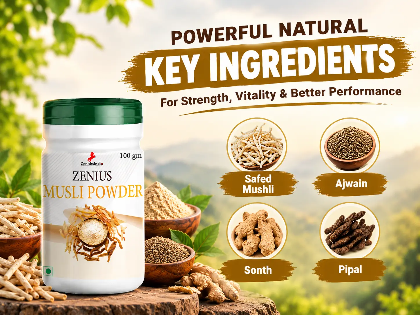 Zenius Musli Powder for Men’s Strength, Energy & Power 4 Ingredients Banner Mobile View 130 Zenius India