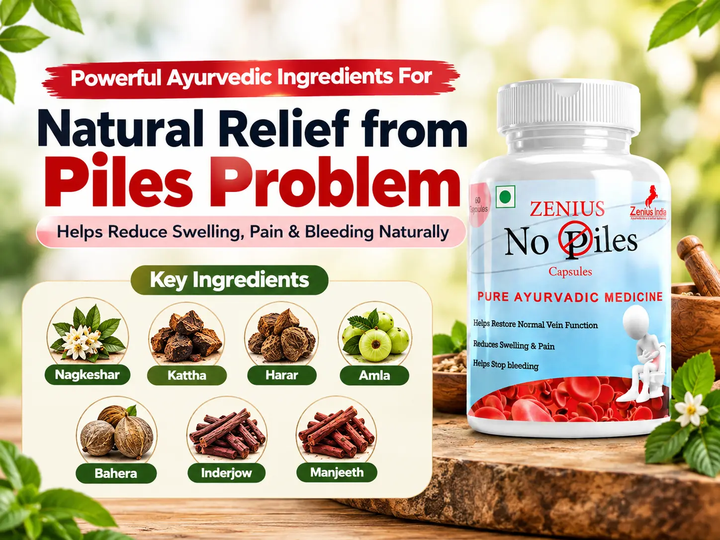 Zenius No Piles Capsule | Ayurvedic Medicine for Hemorrhoids & Natural Relief 4 Ingredients Banner Mobile View 131 Zenius India