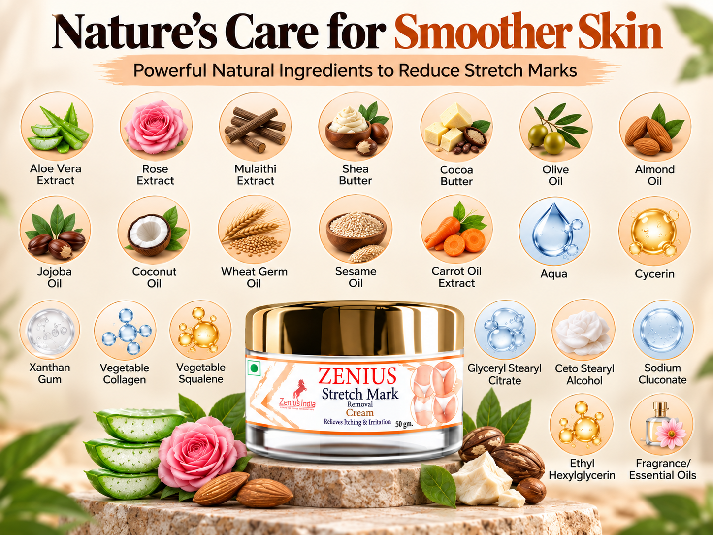 Zenius Stretch Mark Cream for Skin Elasticity & Reduce Marks 4 Ingredients Banner Mobile View 2 Zenius India