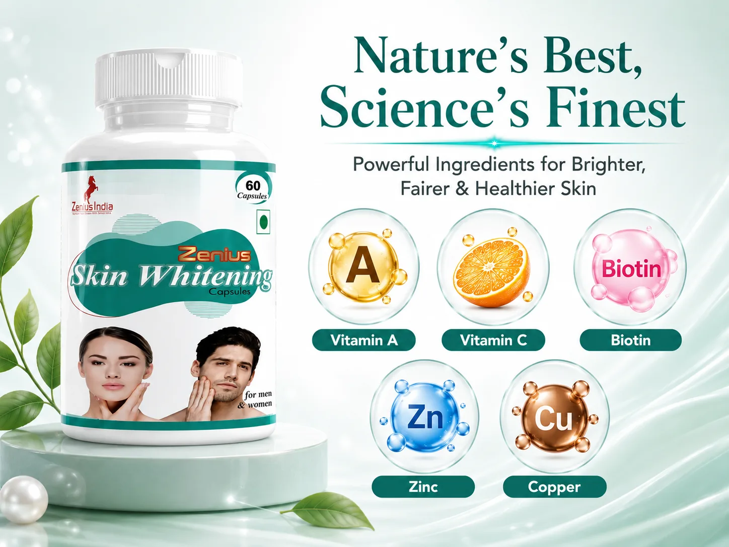 Zenius Skin Whitening Capsule with Vitamin C, Biotin, Zinc & Copper 4 Ingredients Banner Mobile View 21 Zenius India