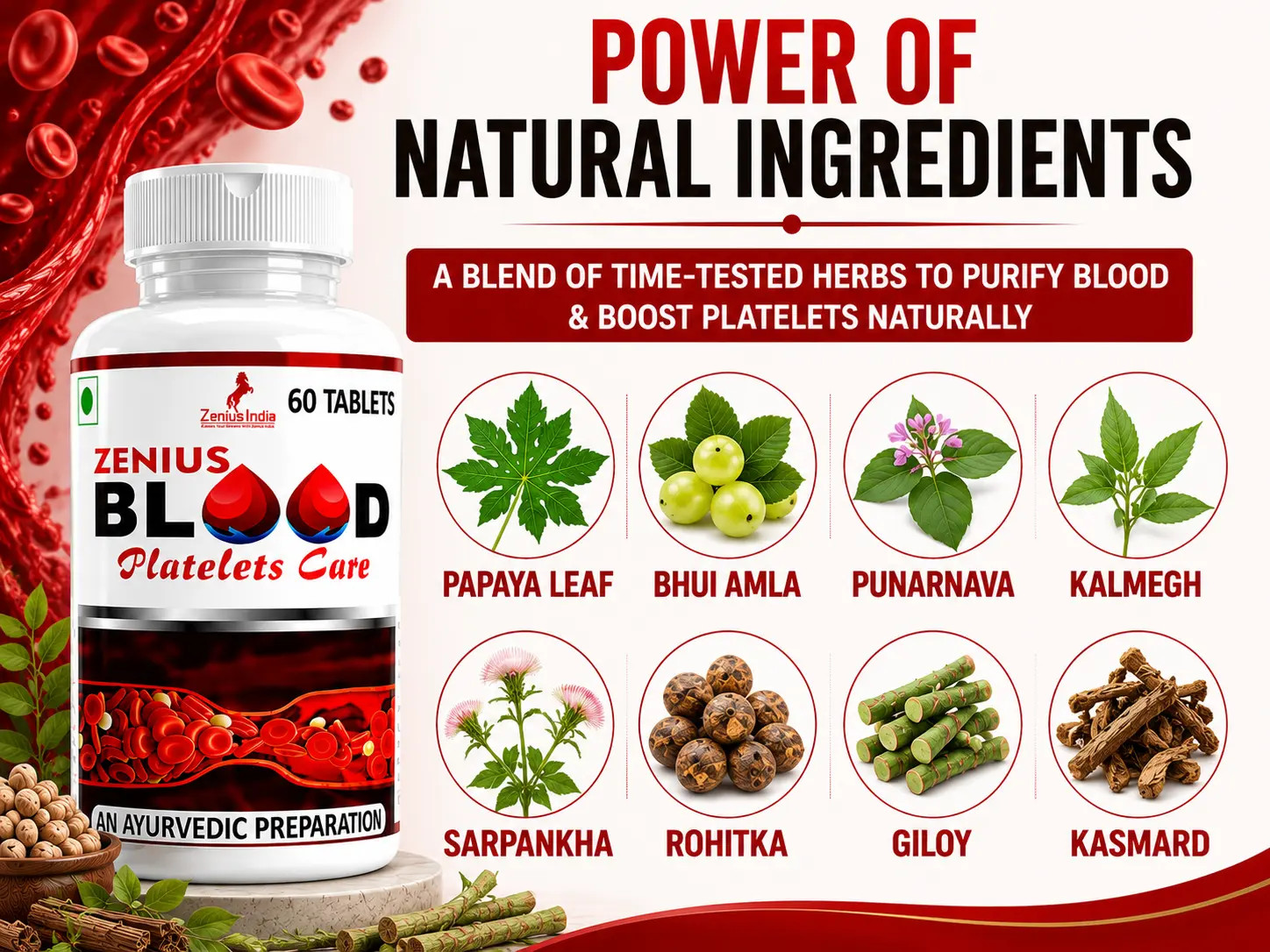 Zenius Blood Platelets Care Tablet for Blood Purification 4 Ingredients Banner Mobile View 25 Zenius India