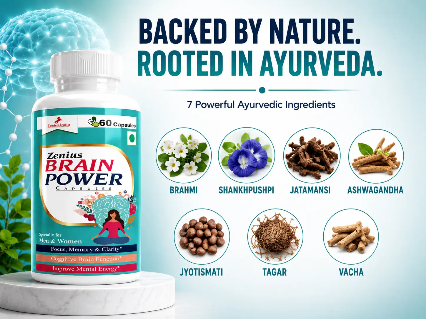Zenius Brain Power Capsule for Focus & Memory Support 4 Ingredients Banner Mobile View 26 Zenius India