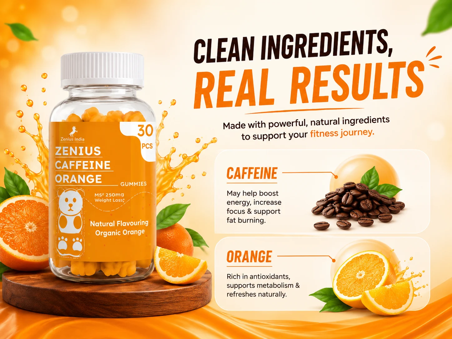 Zenius Caffeine Orange Gummies for Weight Control 4 Ingredients Banner Mobile View 27 Zenius India