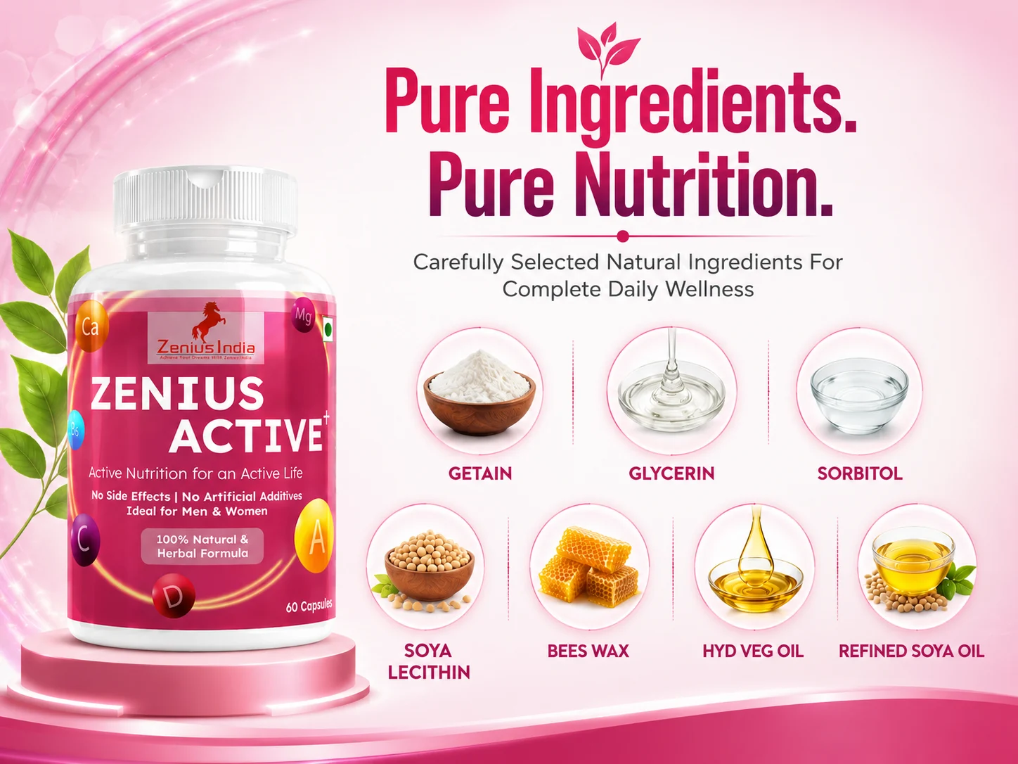 Zenius Active+ Multivitamin Capsules for Immunity, Skin, Hair & Joint Support 4 Ingredients Banner Mobile View 3 Zenius India