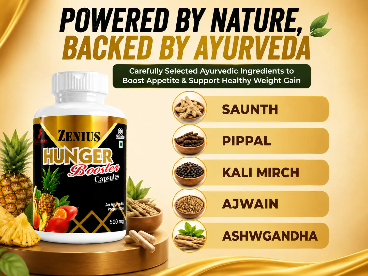 Zenius Hunger Booster Capsule for Appetite & Healthy Weight Gain 4 Ingredients Banner Mobile View 36 Zenius India
