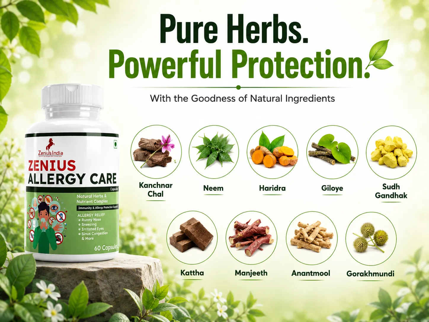 Zenius Allergy Capsule for Skin Allergy, Sneezing & Watery Eyes 4 Ingredients Banner Mobile View 4 Zenius India