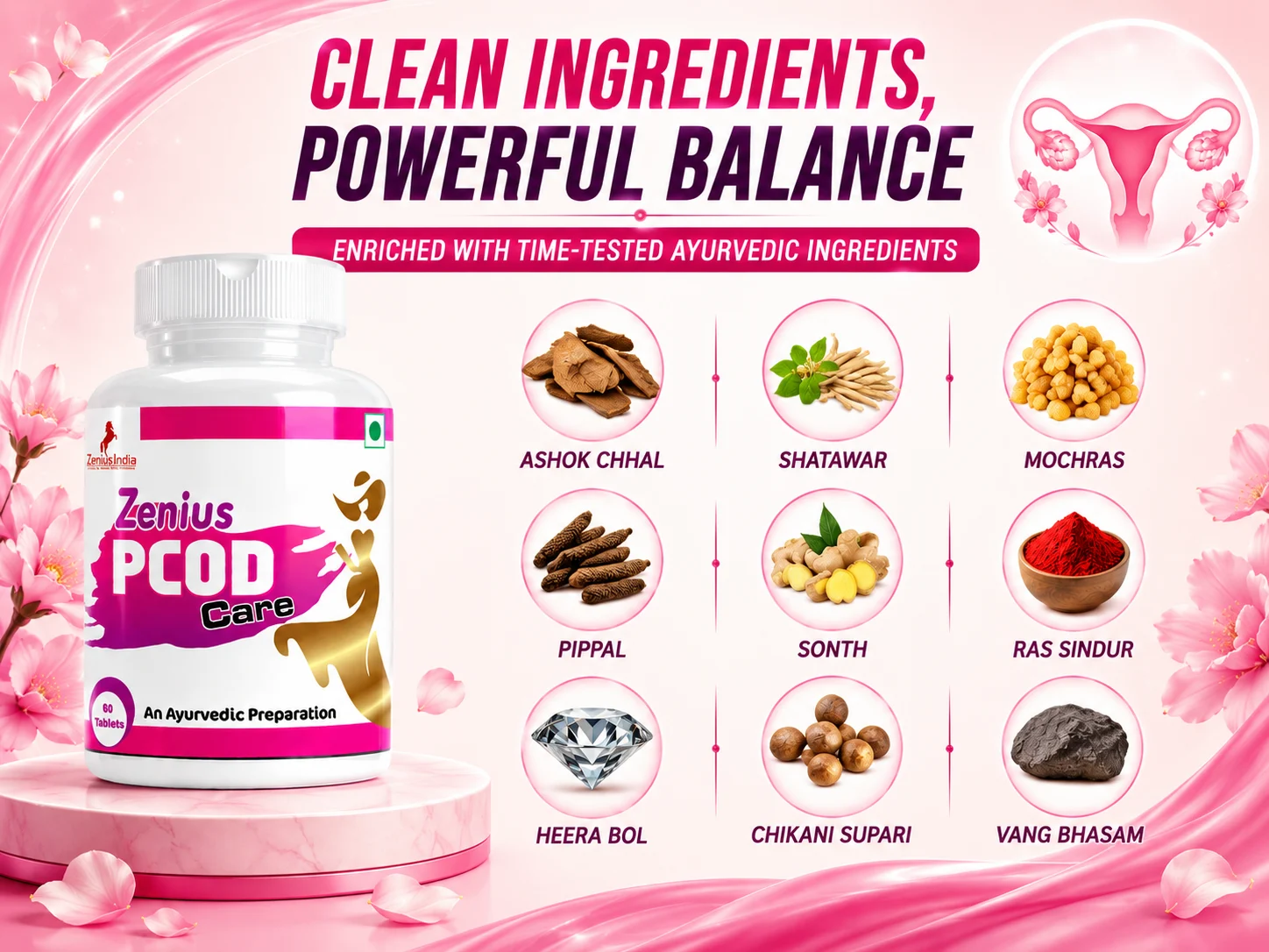 Zenius PCOD Care Tablet for Hormonal & Period Support 4 Ingredients Banner Mobile View 40 Zenius India