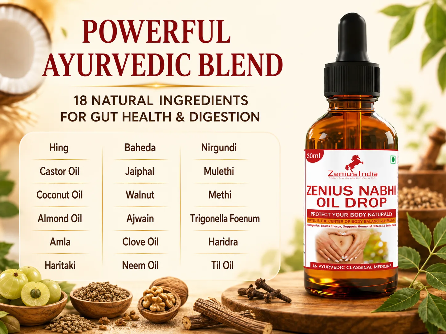 Zenius Nabhi Oil Drop for Belly Button & Gut Wellness 4 Ingredients Banner Mobile View 43 Zenius India