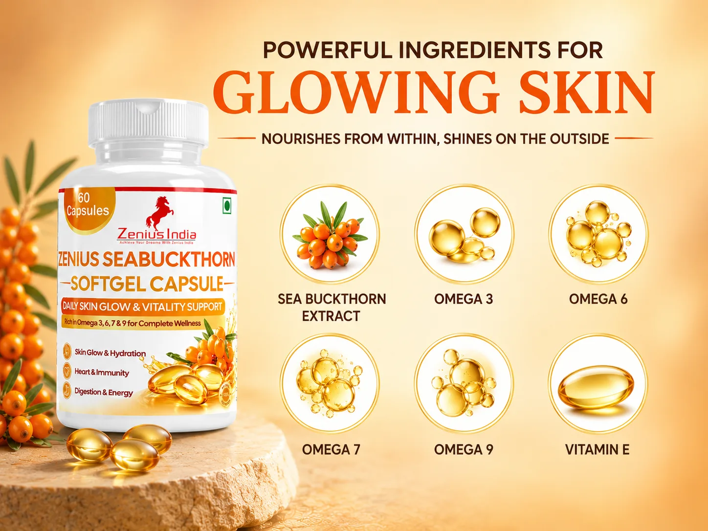 Zenius Sea buckthorn Soft gel capsule for Glowing & Bright Skin 4 Ingredients Banner Mobile View 46 Zenius India