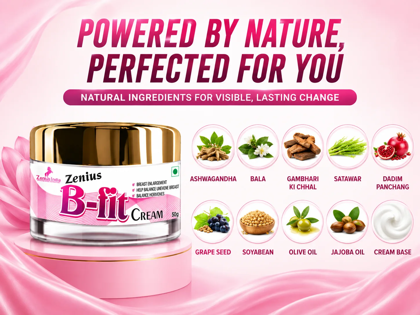 Zenius B Fit Cream for Women's Upper Body Care & Massage 4 Ingredients Banner Mobile View 49 Zenius India