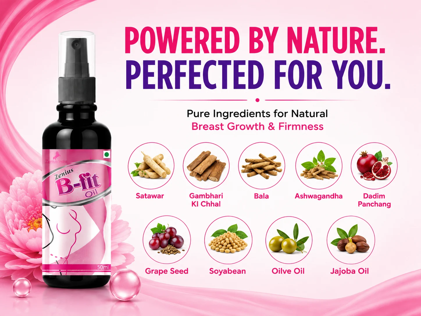 Zenius B Fit Oil for Women's Upper Body Massage & Care 4 Ingredients Banner Mobile View 50 Zenius India