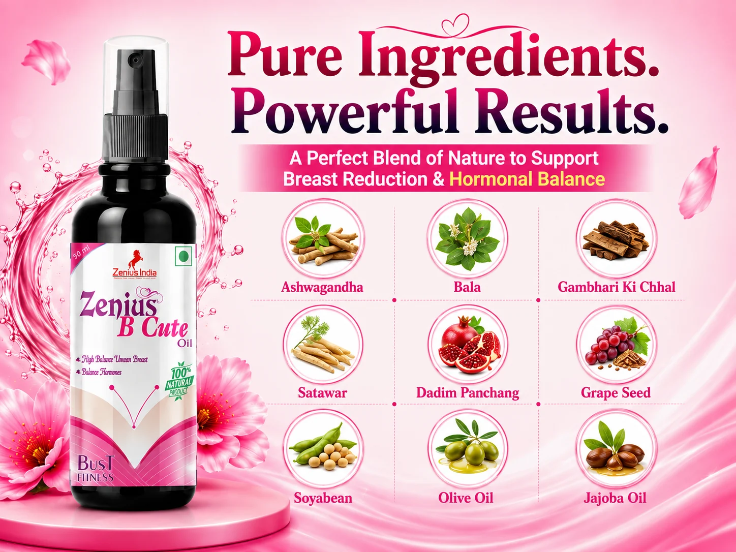 Zenius B Cute Oil for Women's Breast Massage 4 Ingredients Banner Mobile View 61 Zenius India