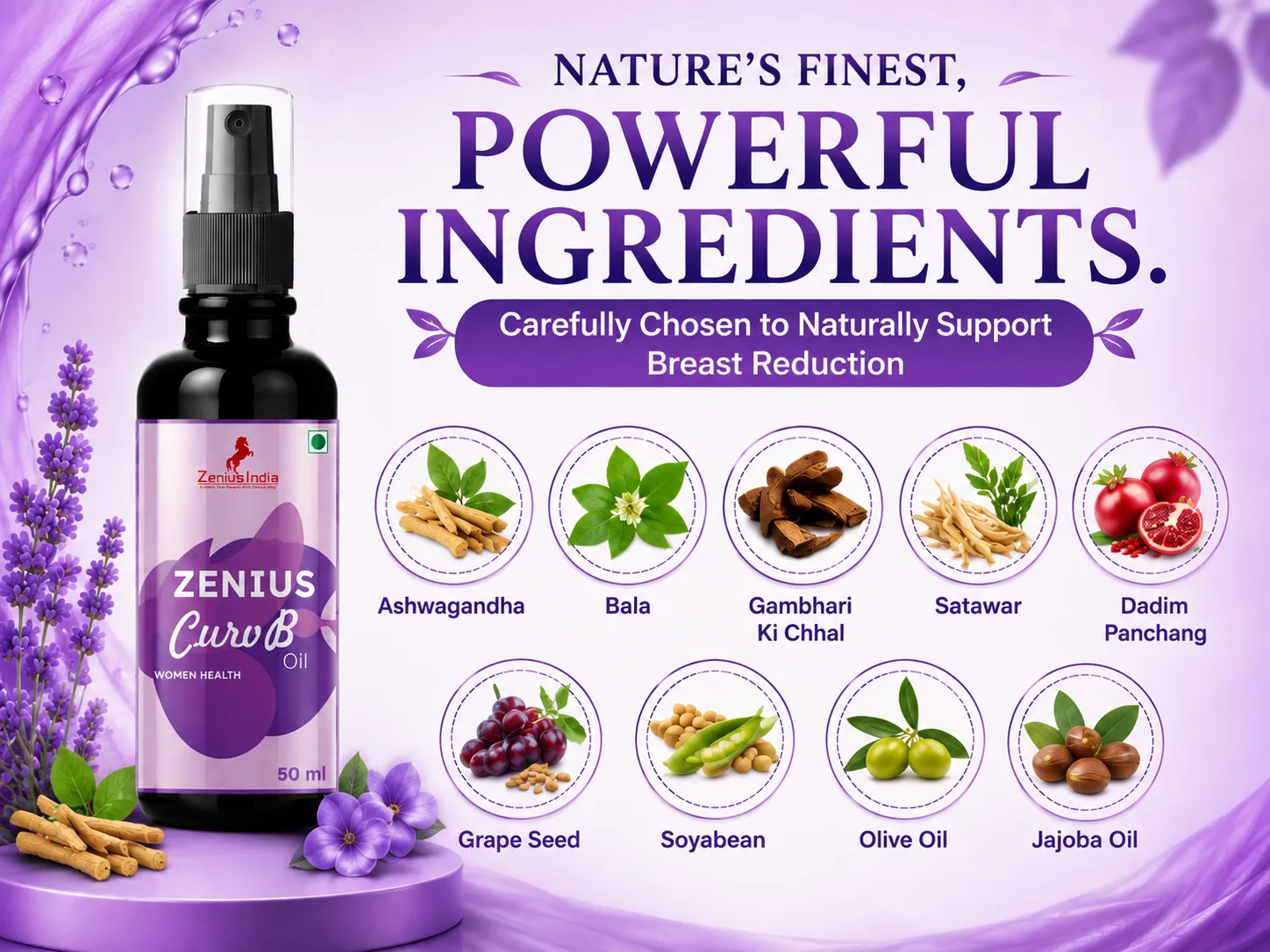 Zenius Curv B Oil for Women's Breast & Body Massage 4 Ingredients Banner Mobile View 62 Zenius India