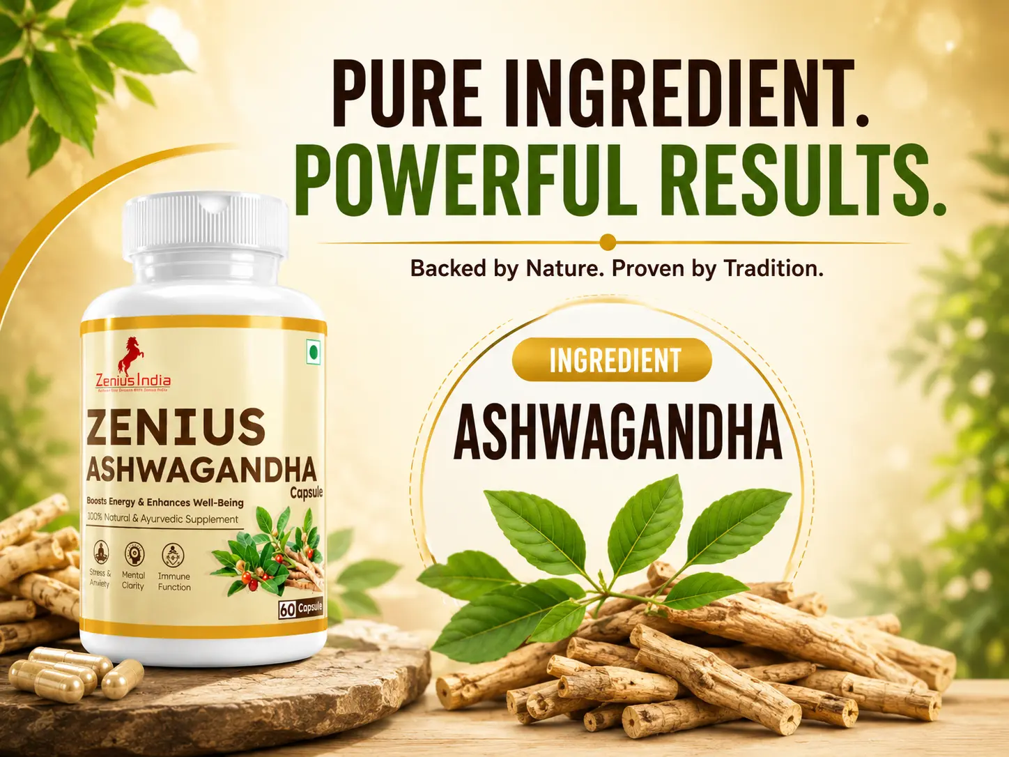 Zenius Ashwagandha Capsule for Stress Relief, Energy & Daily Wellness 4 Ingredients Banner Mobile View 7 Zenius India