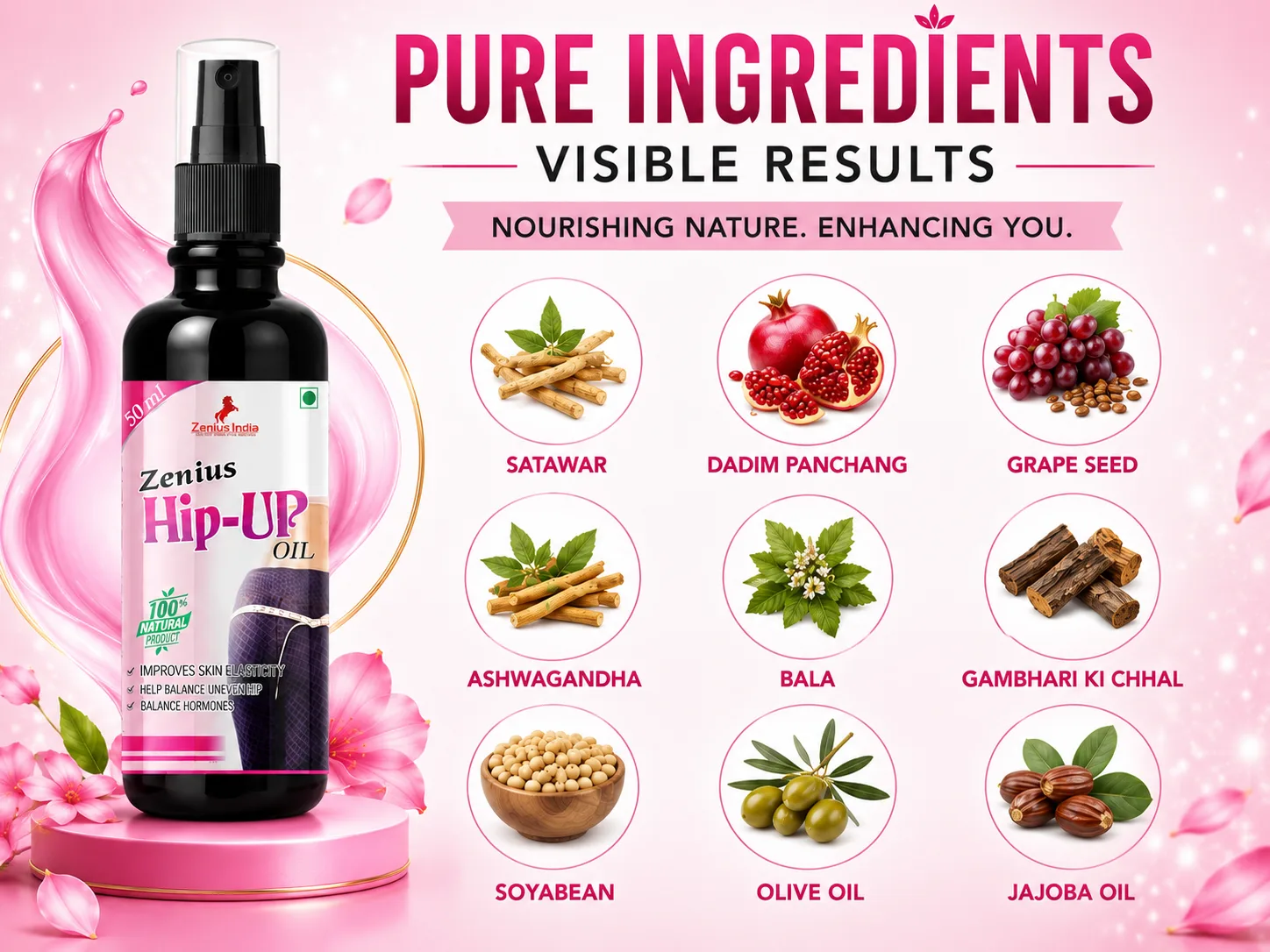 Zenius Hip Up Oil for Women's Butt Growth 4 Ingredients Banner Mobile View 75 Zenius India