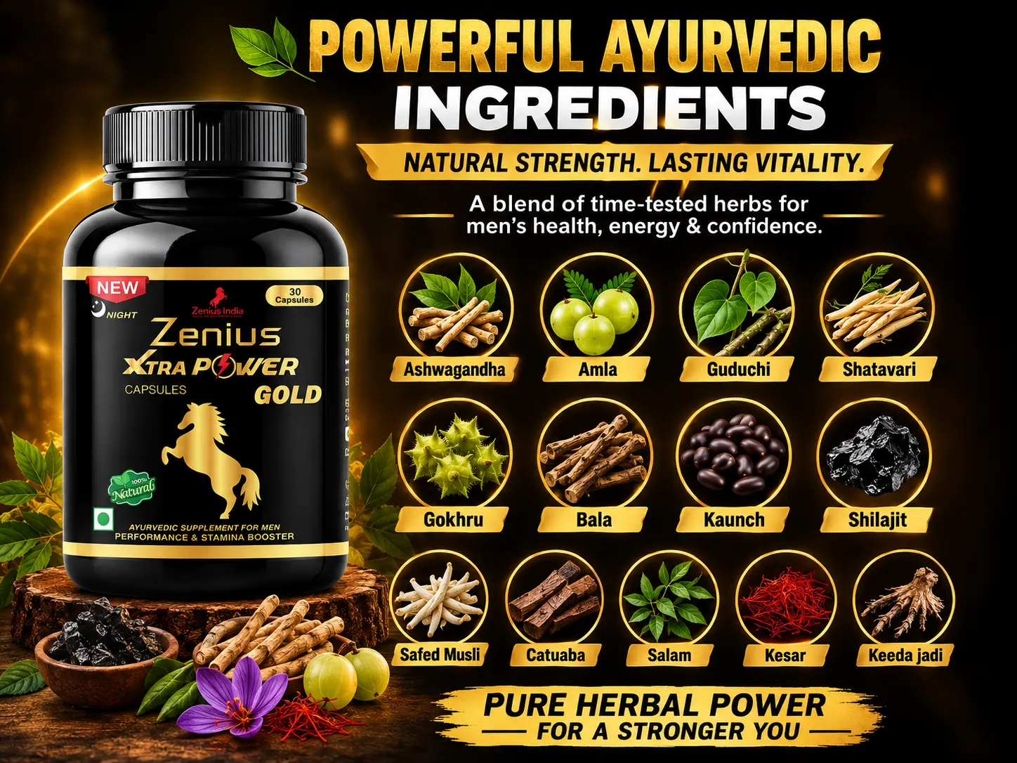 Zenius Xtar Power Gold Night Capsule for Men's Stamina 4 Ingredients Banner Mobile View 79 Zenius India