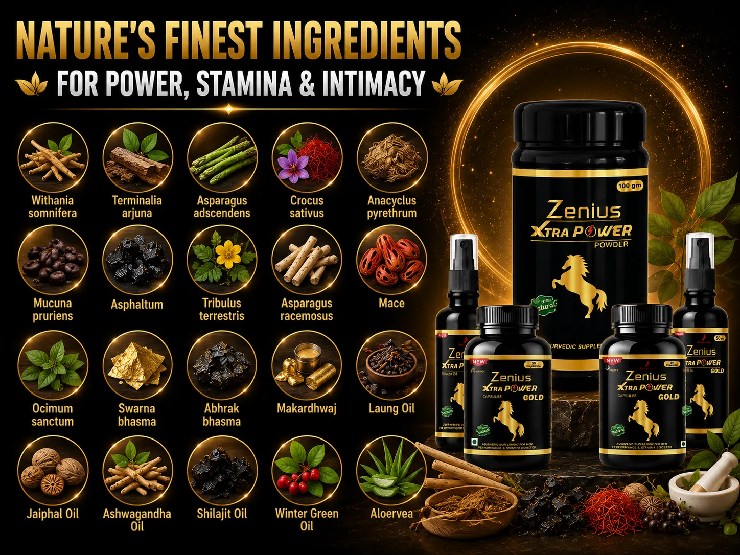 Zenius Xtra Power Gold Kit for Men's Wellness & Stamina 4 Ingredients Banner Mobile View 83 Zenius India