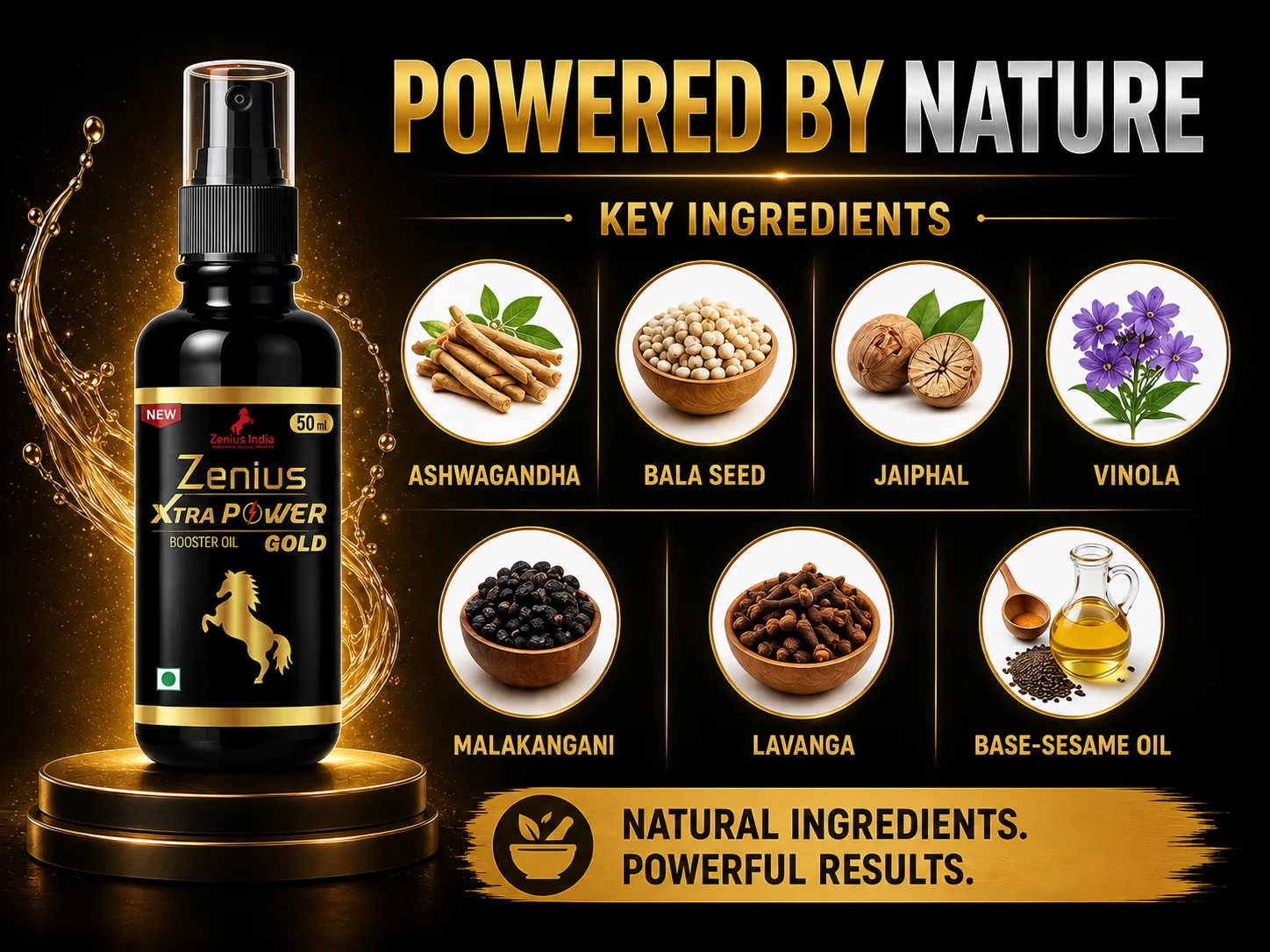 Zenius Xtra Power Gold Oil for Men's Intimate Massage 4 Ingredients Banner Mobile View 84 Zenius India