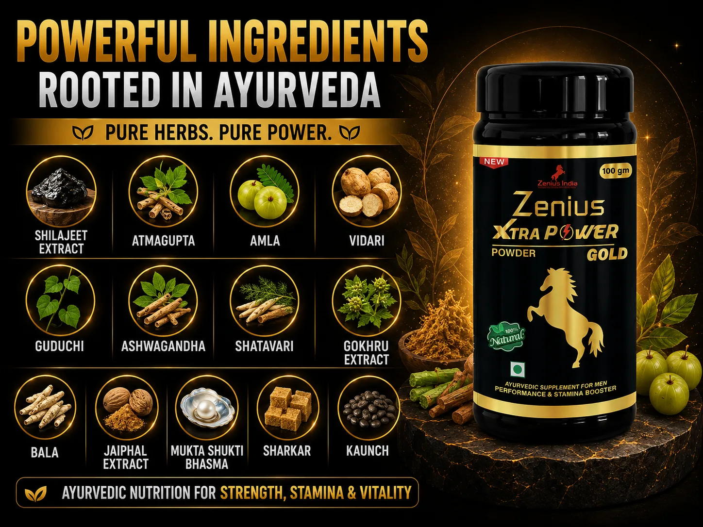 Zenius Xtra Power Gold Powder for Men's Energy & Stamina 4 Ingredients Banner Mobile View 85 Zenius India