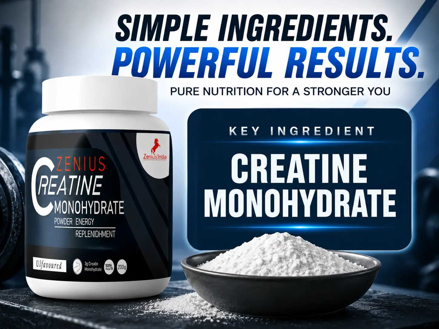 Zenius Creatine Monohydrate Powder for Pre-Workout & Fitness 4 Ingredients Banner Mobile View 96 Zenius India