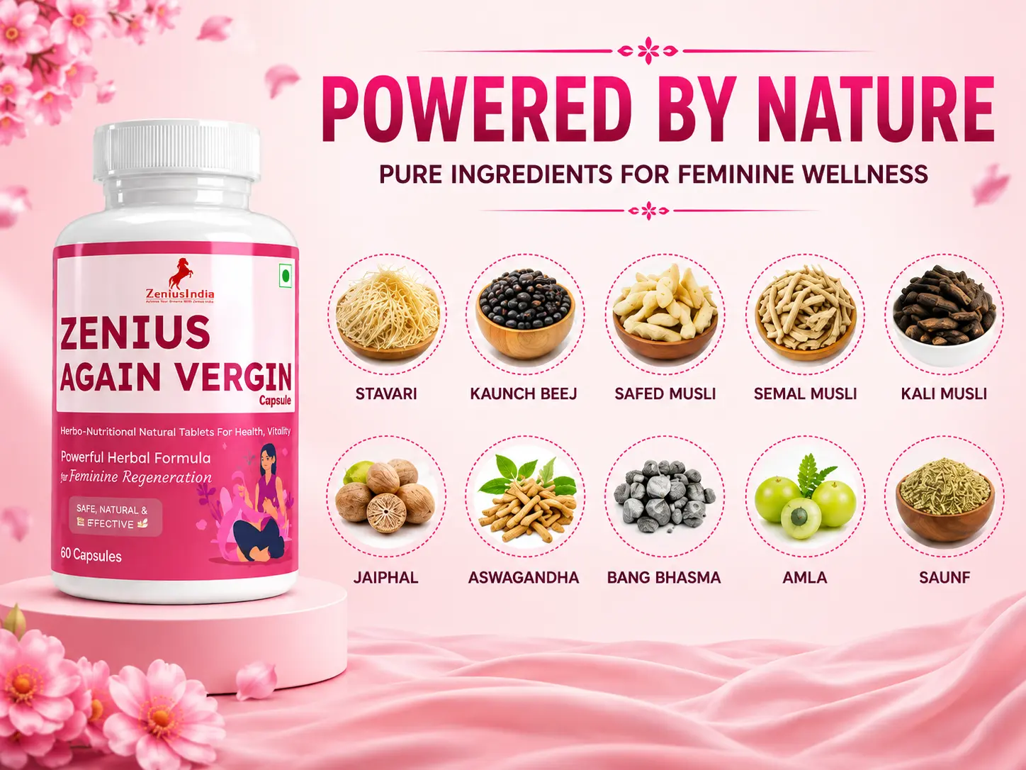 Zenius Again Vergin Capsule with Shatavari, Ashwagandha & Musli for Women's Care 4 Ingredients Image Mobile View Zenius India