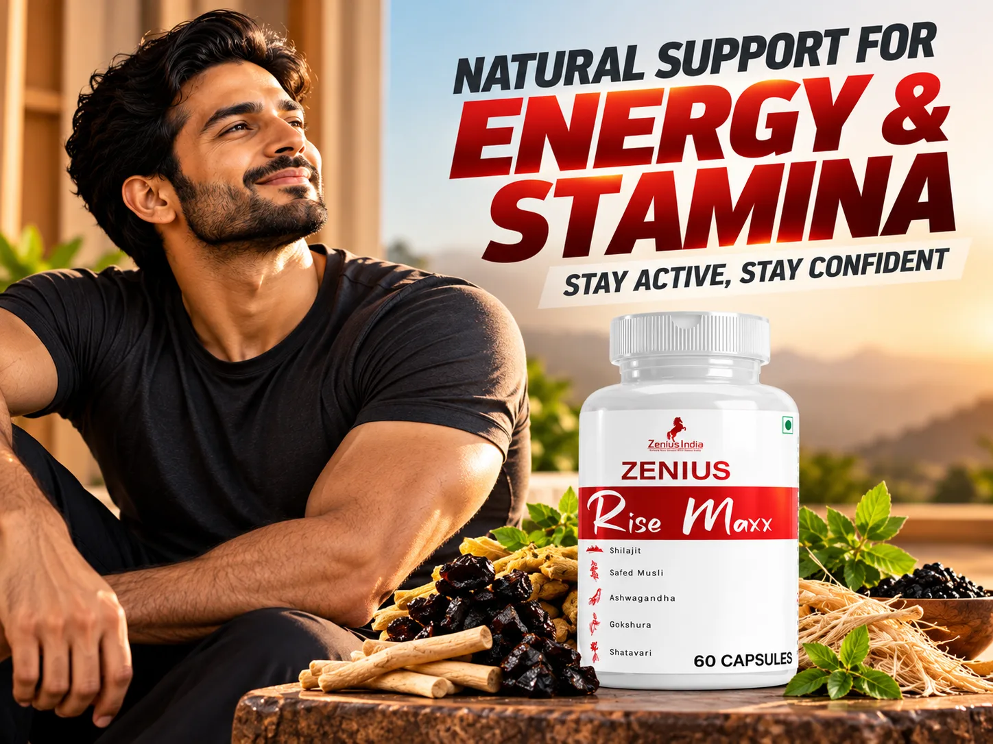 Zenius Rise Maxx Capsule | Ayurvedic Stamina & Energy Booster for Men 2 Natural Energy Stamina Supplement Ad 1 Zenius India