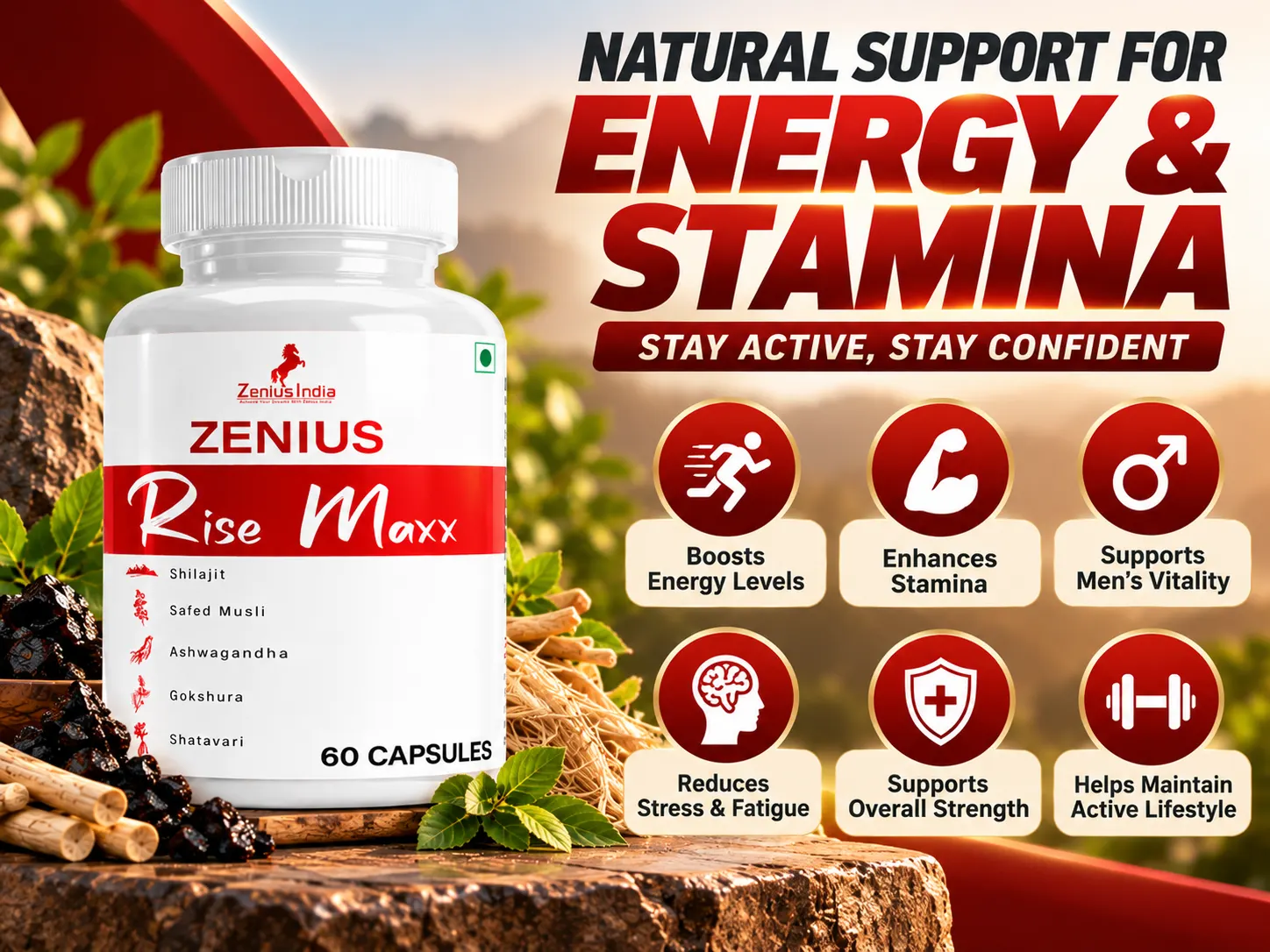 Zenius Rise Maxx Capsule | Ayurvedic Stamina & Energy Booster for Men 3 Natural Energy Stamina Supplement Ad 3 Zenius India
