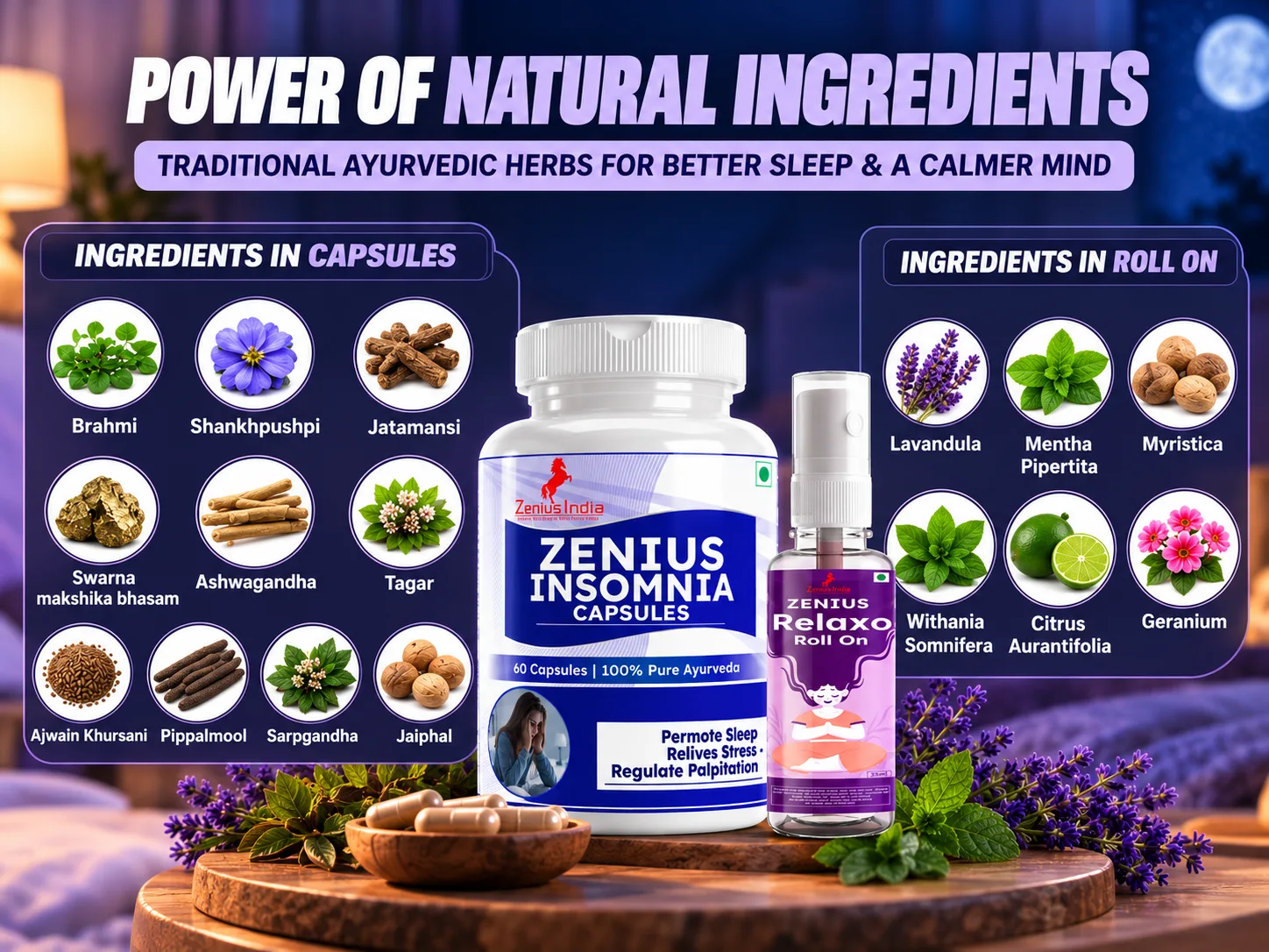 Zenius Relaxo Kit | Herbal Sleep Support Capsules & Headache Roll-On 4 Natural Ingredients for Restful Sleep Zenius India