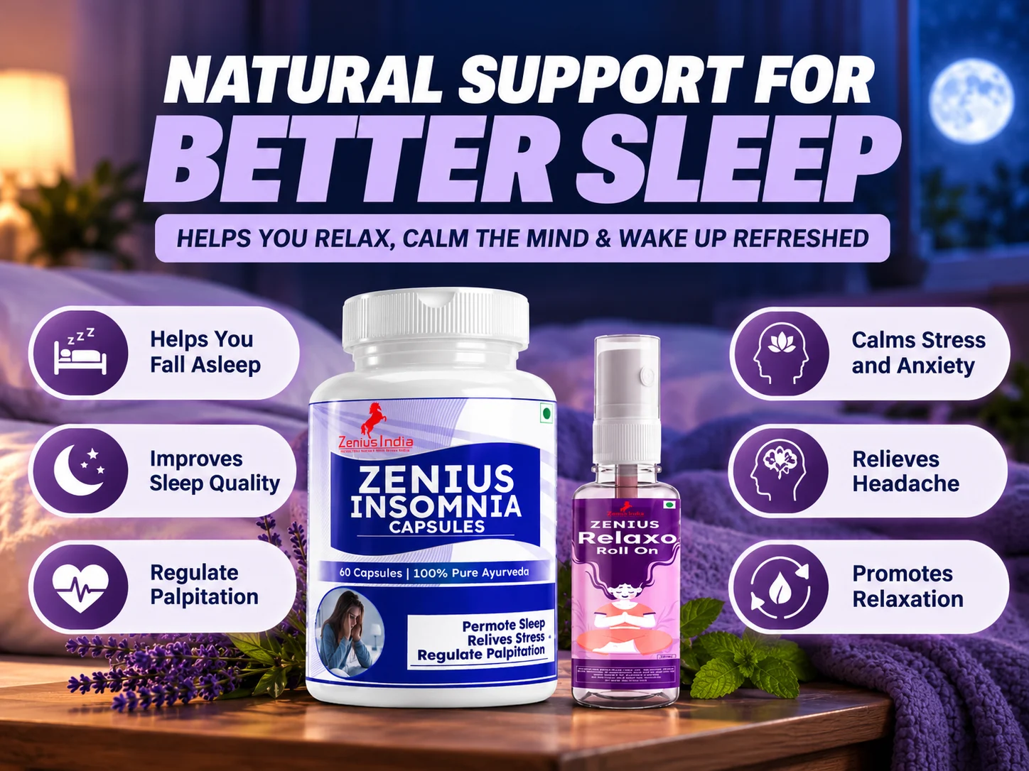 Zenius Relaxo Kit | Herbal Sleep Support Capsules & Headache Roll-On 3 Natural Support for Better Sleep 1 Zenius India