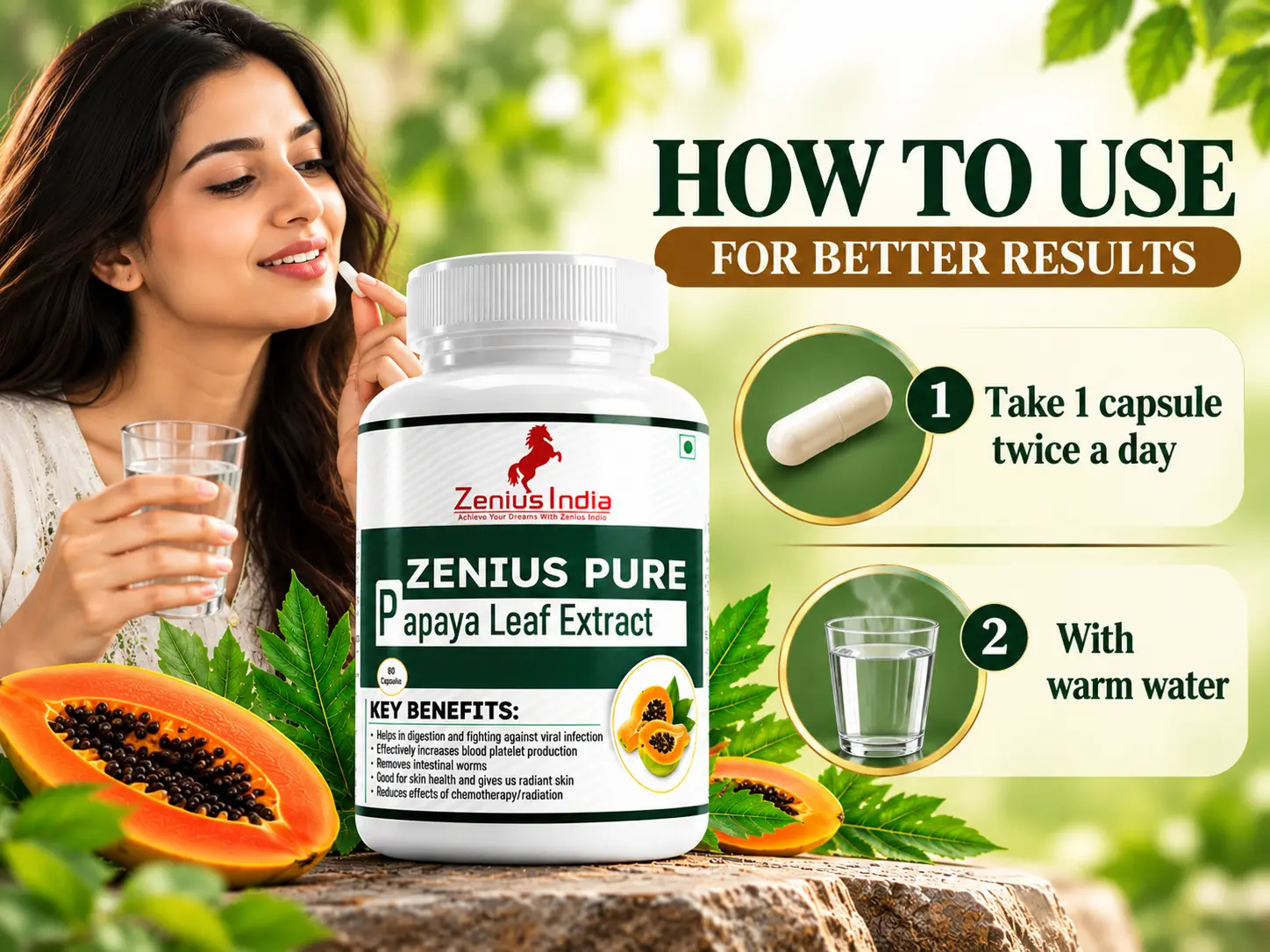 Zenius Pure Papaya Leaf Extract Capsule | Herbal Papaya Supplement for Blood Health 5 Papaya Leaf Supplement Usage Guide Zenius India