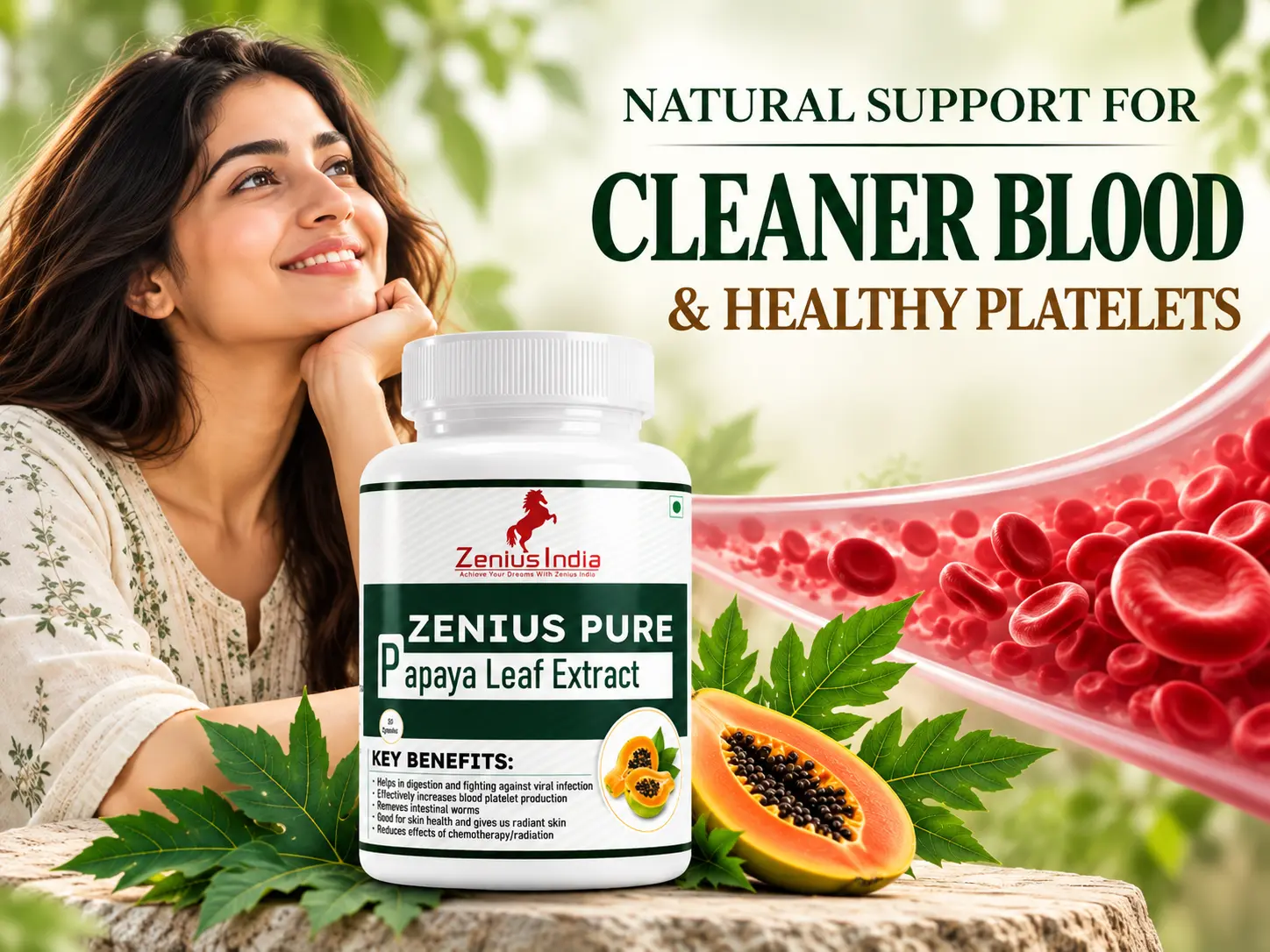 Zenius Pure Papaya Leaf Extract Capsule | Herbal Papaya Supplement for Blood Health 2 Papaya Leaf Supplement Wellness Ad Zenius India