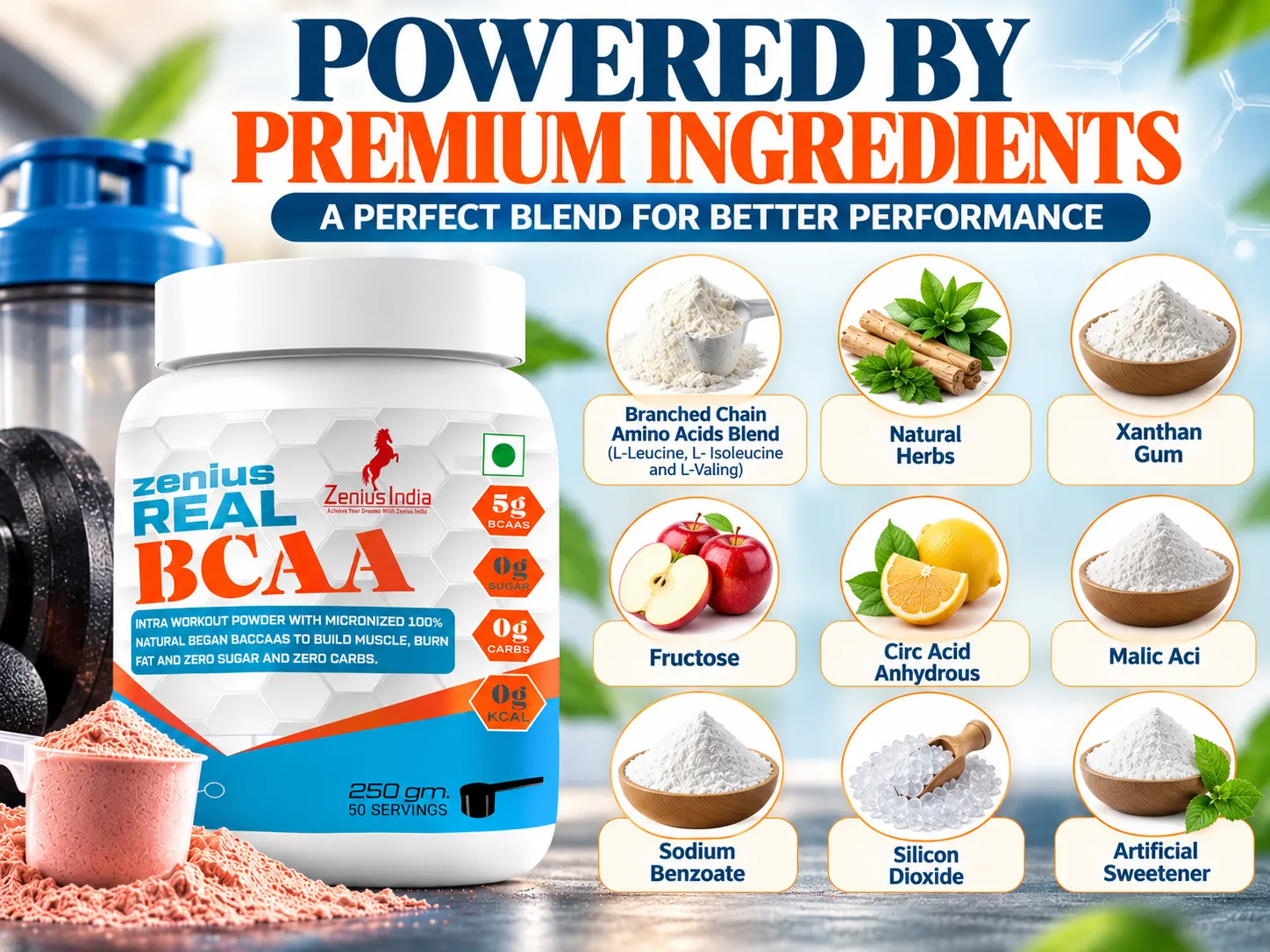 Zenius Real BCAA | Essential Amino Acids Supplement for Pre-Workout & Gym 4 Powered by Premium Ingredients Zenius India