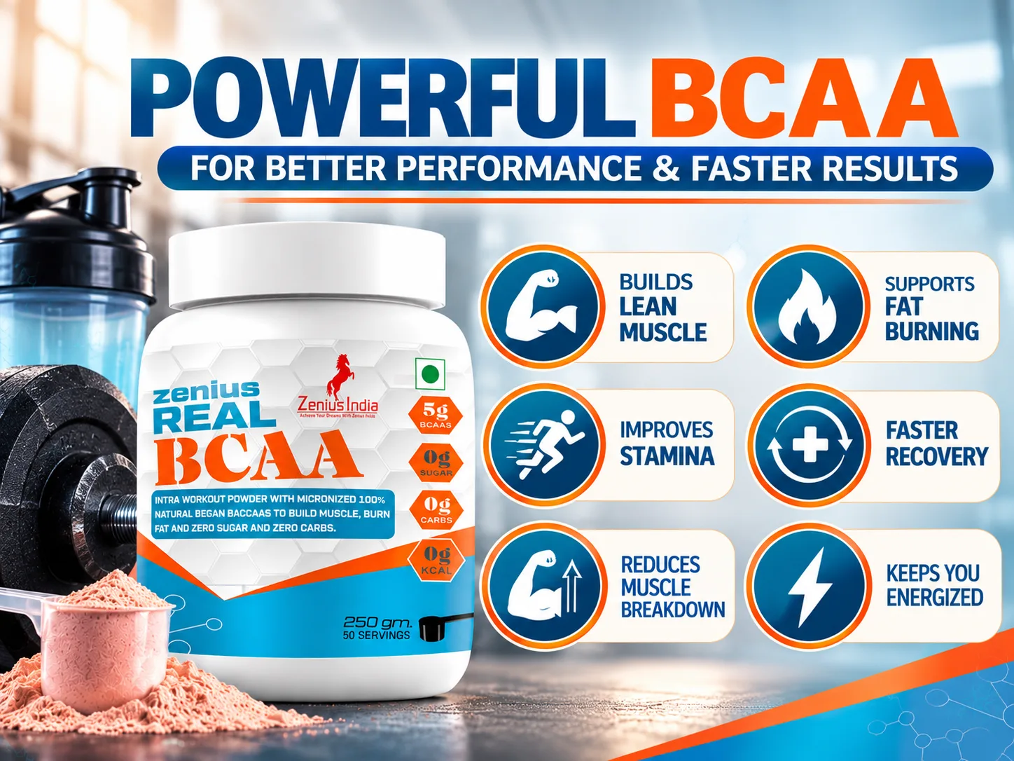 Zenius Real BCAA | Essential Amino Acids Supplement for Pre-Workout & Gym 3 Powerful BCAA Fitness Supplement Ad Zenius India