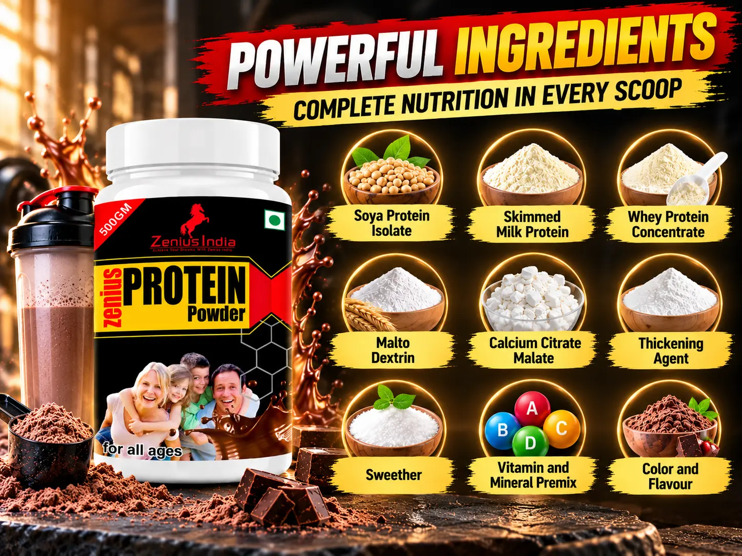 Zenius Protein Powder | Whey Protein & Protein Supplement for Daily Energy 4 Powerful Ingredients Protein Poster Zenius India
