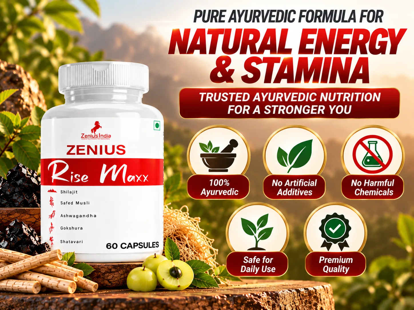 Zenius Rise Maxx Capsule | Ayurvedic Stamina & Energy Booster for Men 6 Pure Ayurvedic Energy Stamina Zenius India