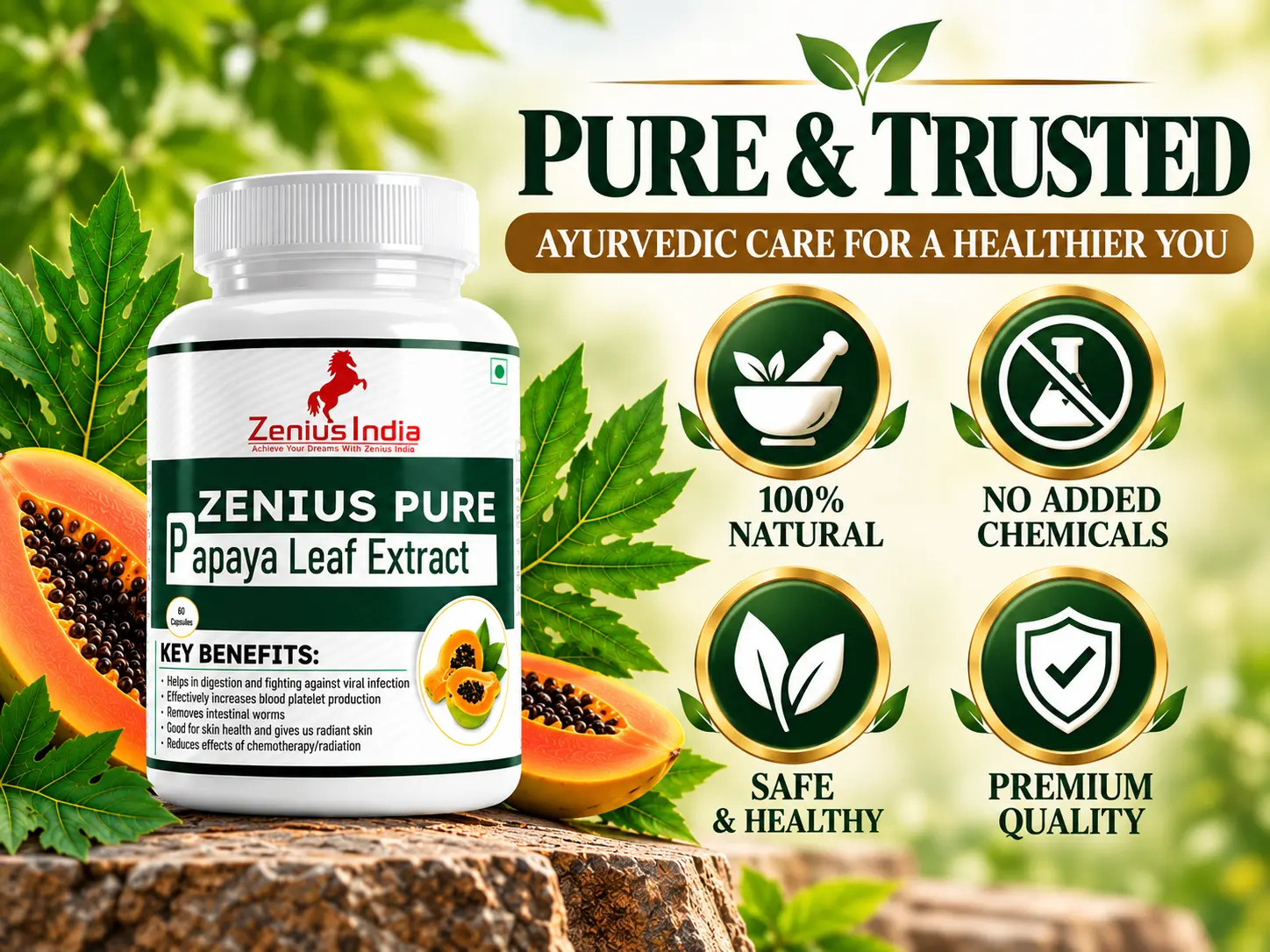 Zenius Pure Papaya Leaf Extract Capsule | Herbal Papaya Supplement for Blood Health 6 Pure Trusted Papaya Leaf Care Zenius India