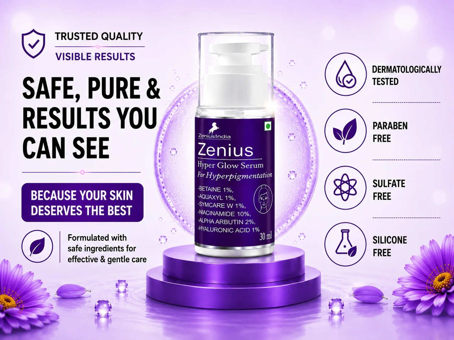 Zenius Hyper Glow Serum – Best Serum for Pigmentation & Dark Spots | 10% Niacinamide 6 Trust Badge Banner Mobile View Zenius India