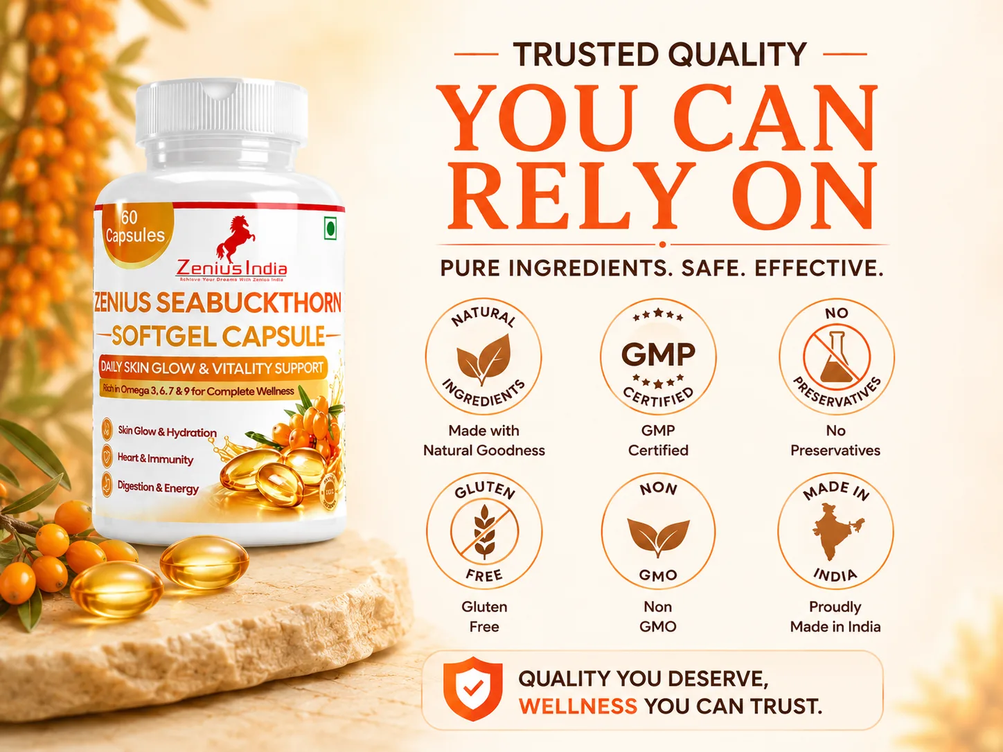Zenius Sea buckthorn Soft gel capsule for Glowing & Bright Skin 6 Trust Badge Mobile View 23 Zenius India