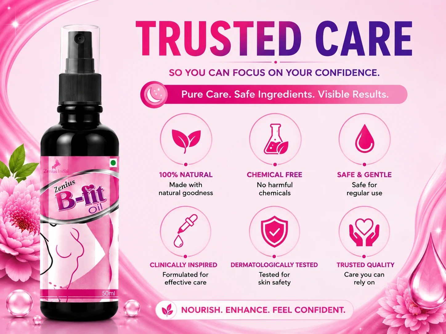 Zenius B Fit Oil for Women's Upper Body Massage & Care 6 Trust Badge Mobile View 27 Zenius India